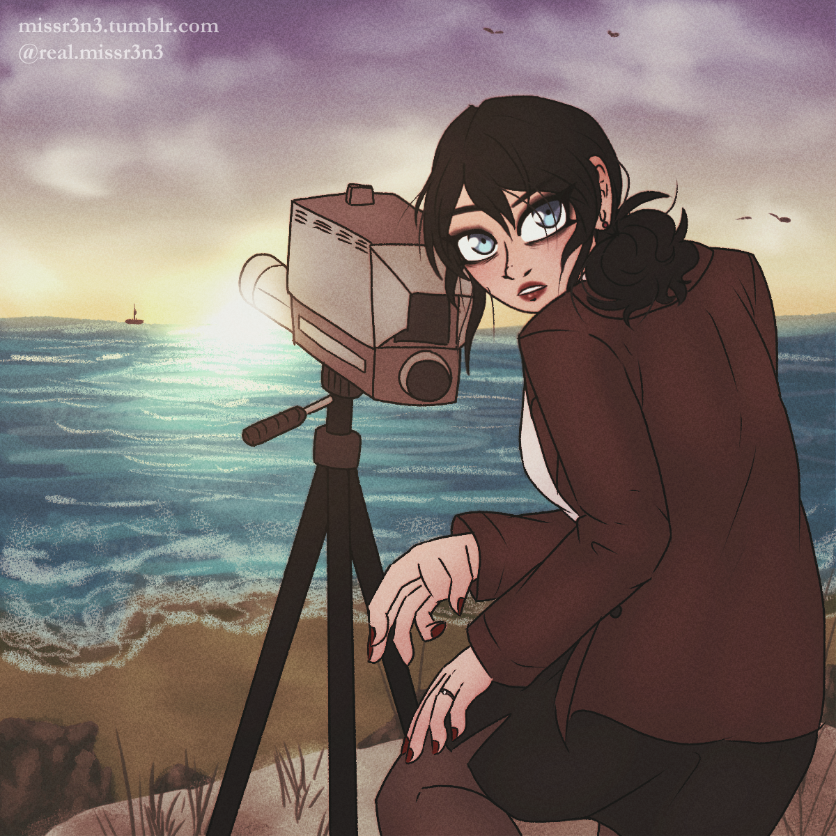 evelyn rayne sitting on a ledge by the coast as she films the waves with an old 70s camera